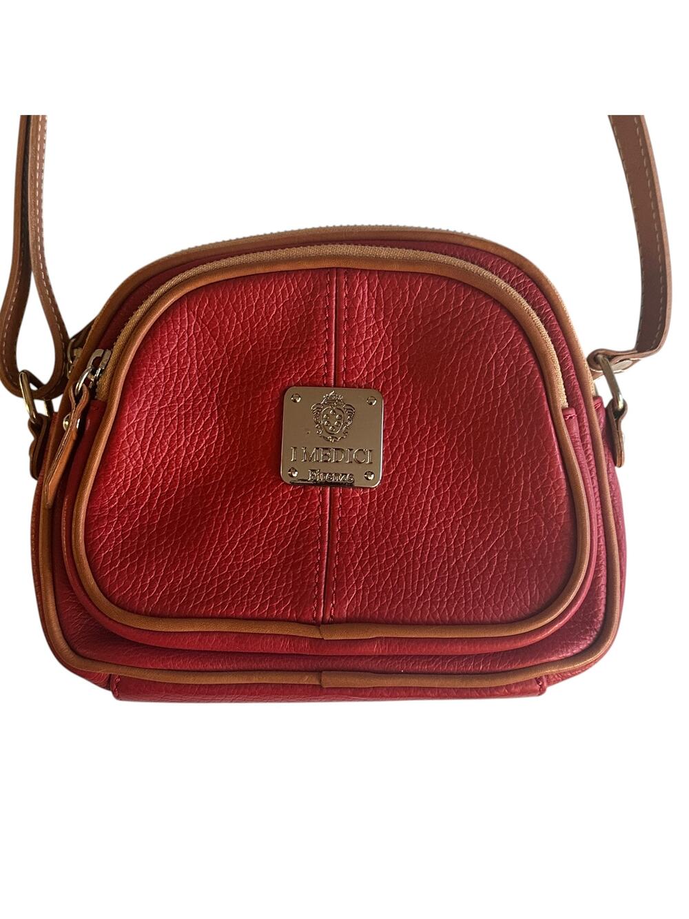I Medici Firenza Crossbody Bag Red Pebbled Leather Brown Trim Purse Handbag VTG